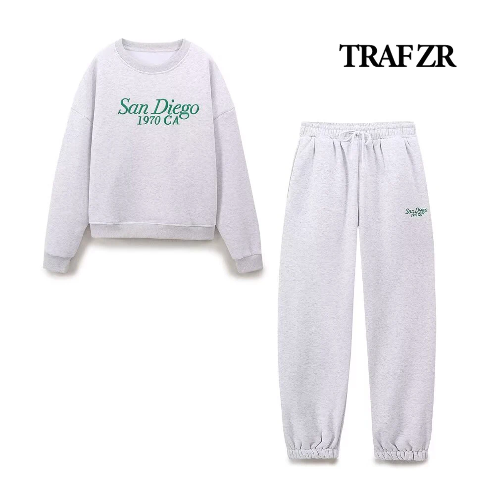 TRAF ZR Women\'s Pantsuit Ensemble 2piece Femme Sports Set O-NECK Text Embroidery Sweatshirt Mid Elastic Waist Plush Jogger Pants