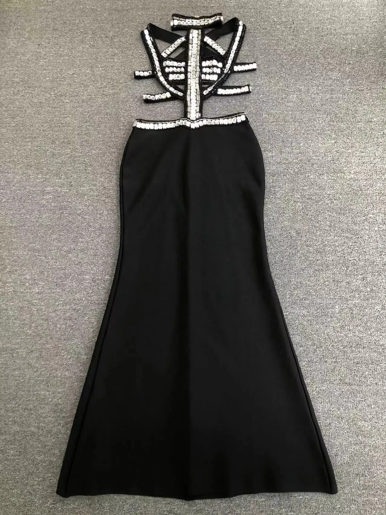 New Style Autumn Diamonds Decoration Long Skirt Sexy Hollow Out Slim Fit Black Bandage Dress For Women Chic Cocktail Party Gown