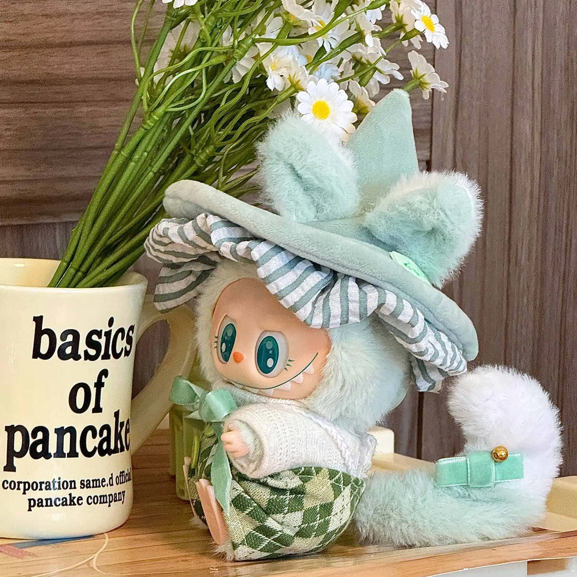 

Labubu 1st/2nd/3rd Gen Forest Fairy Xmas Witch Outfit Mint Green Plaid Striped Hat Tail Decor For 15/17cm