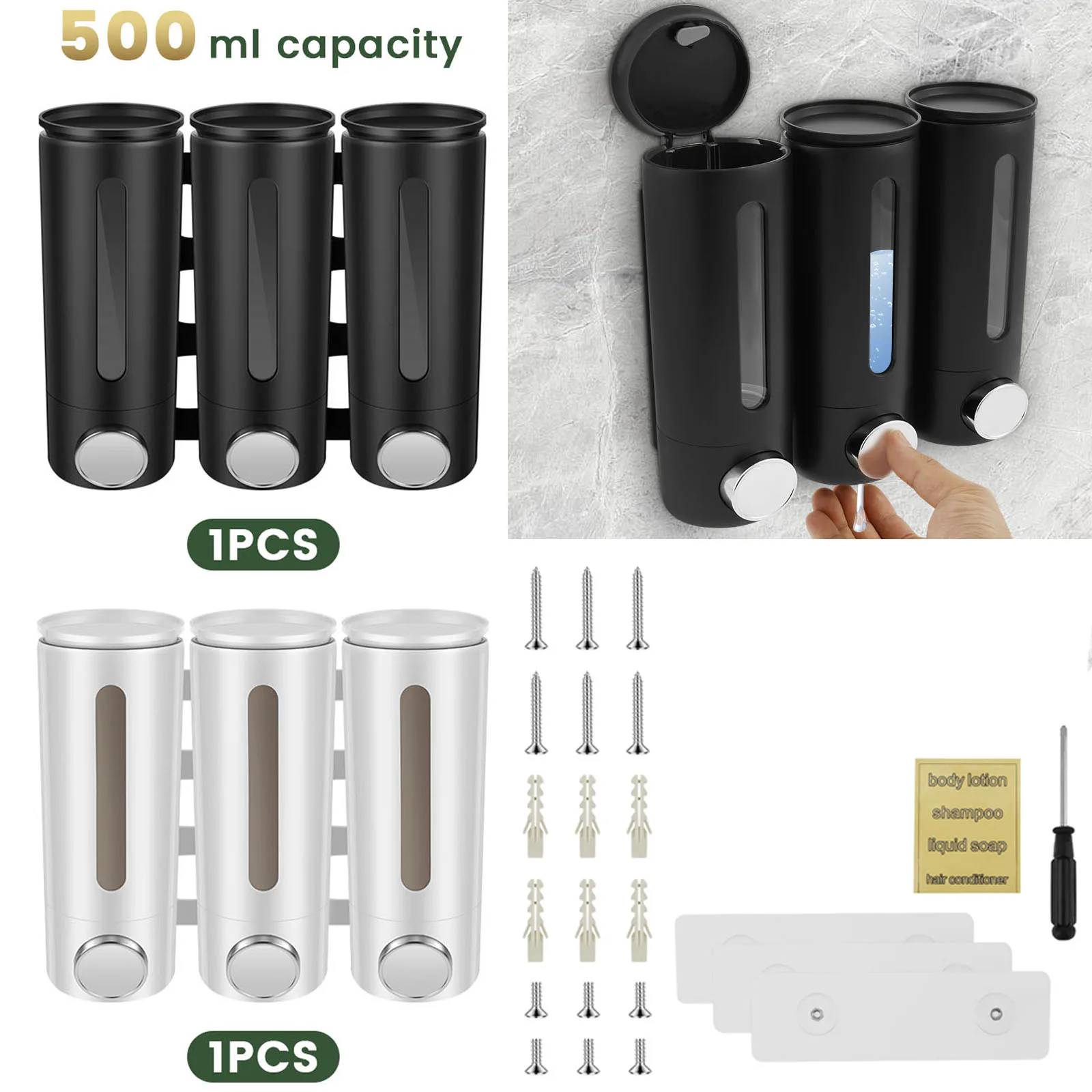 500ml Wall Mounted Bathroom Liquid Soap Dispenser Three Head Soap Conditioner Dispenser With Clear Window for Home Hotel SPA Use