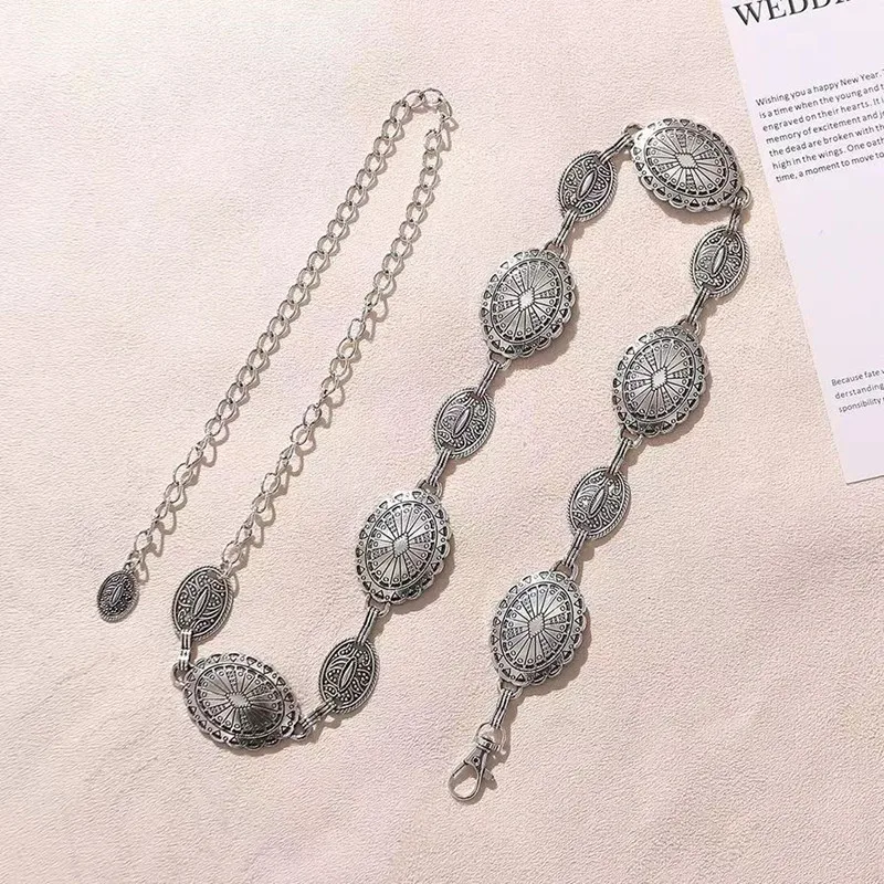 1 Pcs Set Of Waist Chain Accessories For Women's Retro Bohemian Eethnic Style High-end Silver Metal Chain Belt With Skirt Belt