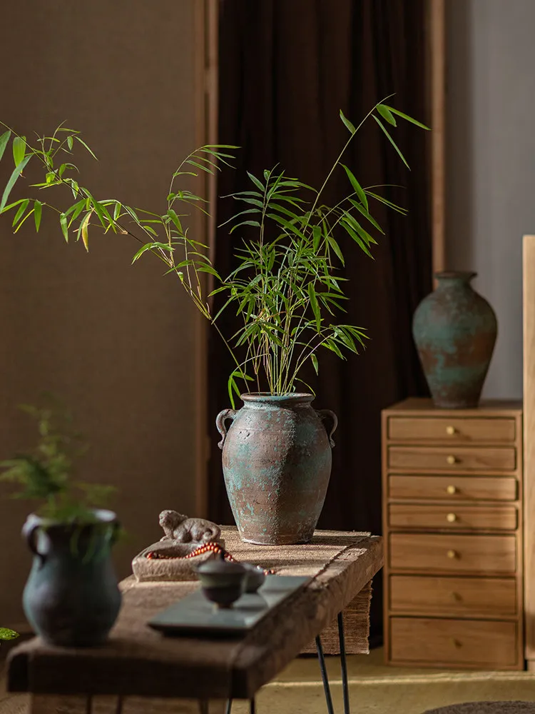 New Chinese ceramic vase, living room flower arrangement ornament, light luxury, high-end art, pottery pot, dining table, dried
