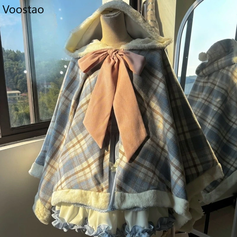 Japanese Vintage Lolita Style Woolen Cloak Coat Women Cute Bow Plaid Warm Hooded Shawl Jackets Autumn Winter Girls Plush Ponchos