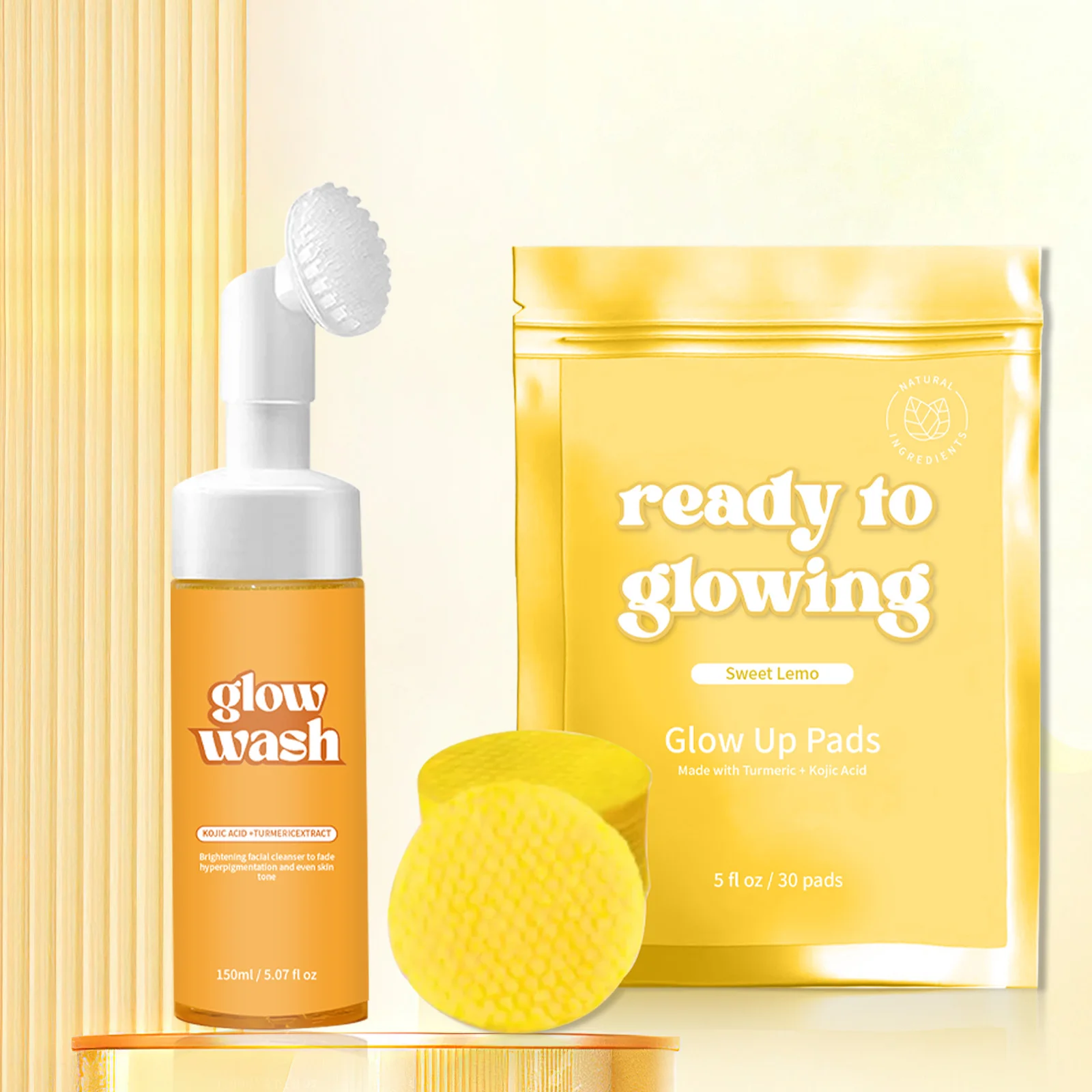 

150ml 2-in-1 Turmeric & Kojic Brightening Cleanser Set with 30 Exfoliating Pads - Fades Dark Spots, Evens Tone, Deep Cleanses