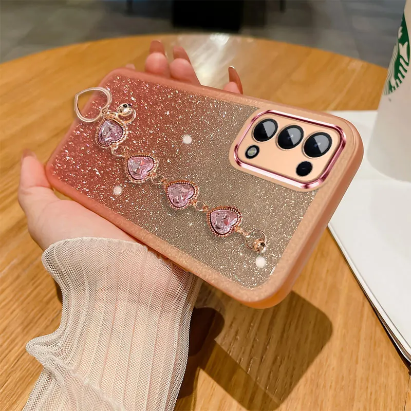 Luxury Crystal Chain Case For Reno5,Wrist Bracelet Cover For OPPO Reno5 A98 A77 A78 5G Realme 11 C55 C35 C33 Case Glitter Fundas