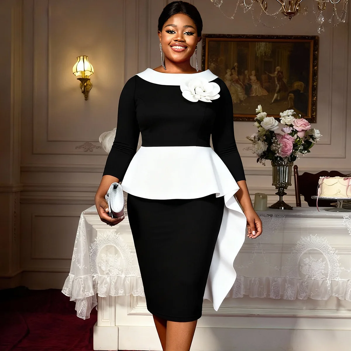

African Dresses for Women Plus Size Summer Elegant African Long Sleeve O-neck Polyester Party Evening Bodycon Midi Dresses