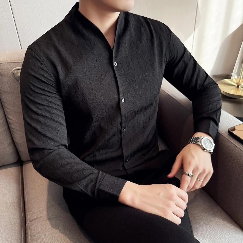 Chinese Style V-Neck Flower Jacquard Shirts for Man Asian Size Long-sleeve Slim Men Shirt Wedding Prom Elegant Camisas De Hombre