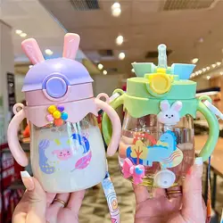 370ml Cute Childrens Cartoon Water Cup With Graduated Straw Portable Outdoor Sports Kindergarten Home Transparent Seal Water Cup