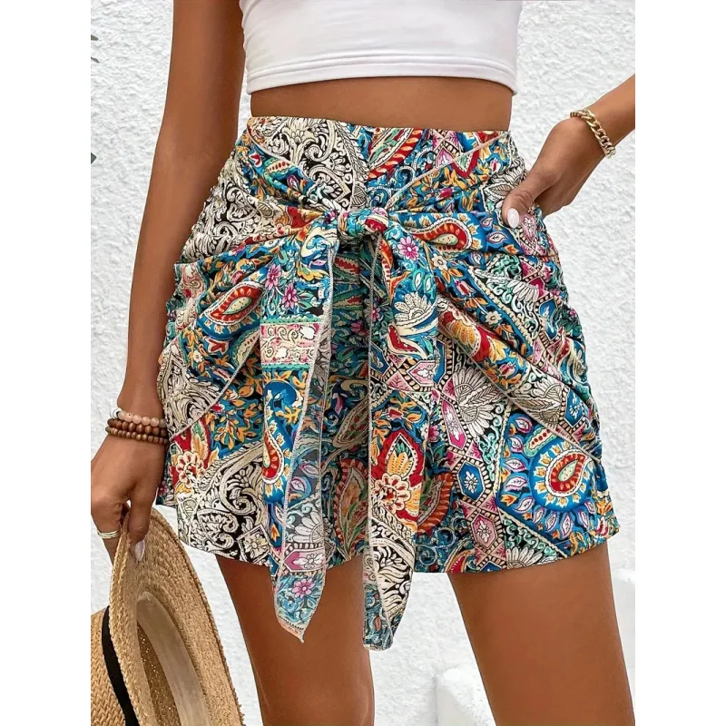 2026 Summer New Boho Paisley Print Wrap Skort High Waist Tie Front Scarf Hem Casual Beach Shorts for Woman Clothes