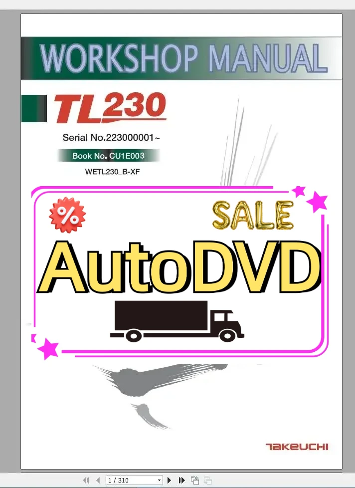 

AutoDVD для руководства многоязычной мастерской Takeuchi, руководство по деталью, руководство по эксплуатации2019