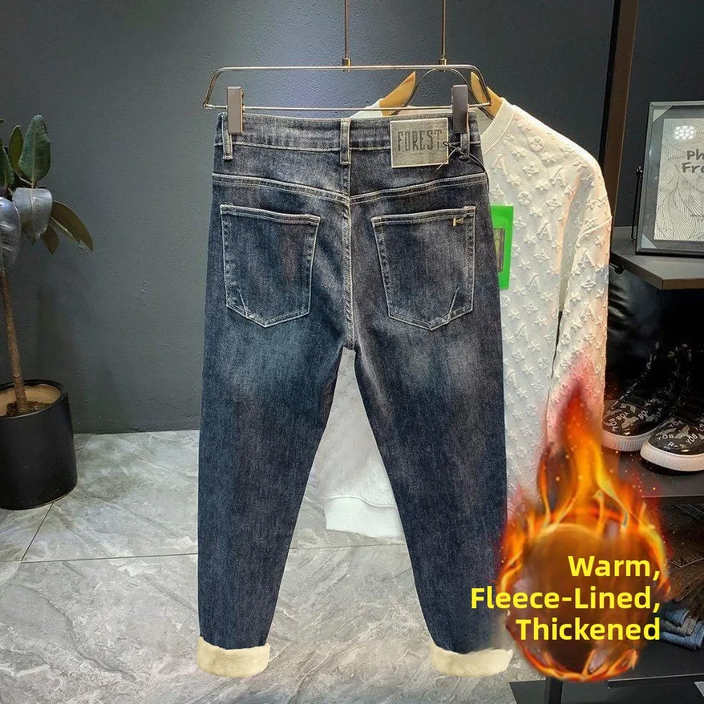 

Trendy Casual Versatile Slim Fit Nine-Tenths Jeans Thiened Fce Men's Denim Pants mid Waist Button Closure Stand Fit