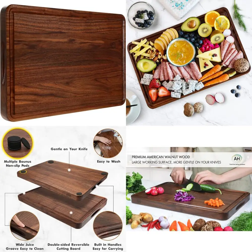 

Большая деревянная разделочная доска размером 17x11 дюймов с глубокой канавкой для сока и боковой ручкой - толстый мясной блок для использования на кухне