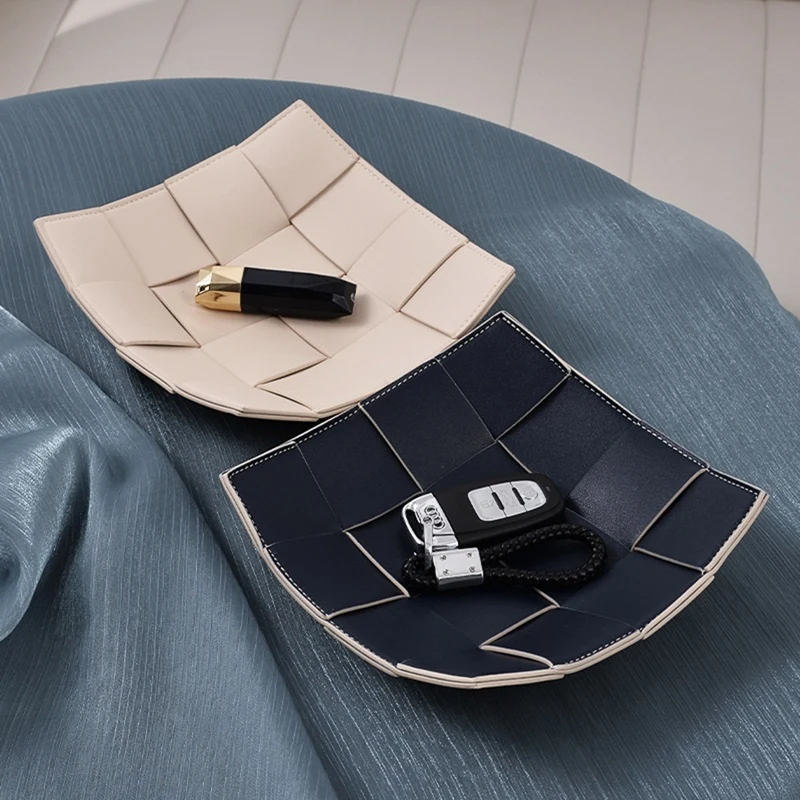 Advanced Sense Woven Leather Tray Porch Key Tray Desktop Remote Control Lipstick Cosmetics Storage Box A Blue+Milk White