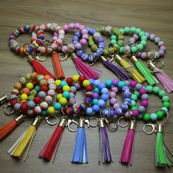 Cartoon Creative Colorful Silicone Beaded Keychain PU leather Tassel Keyring Women Men Bracelet Keychain Jewelry Gifts