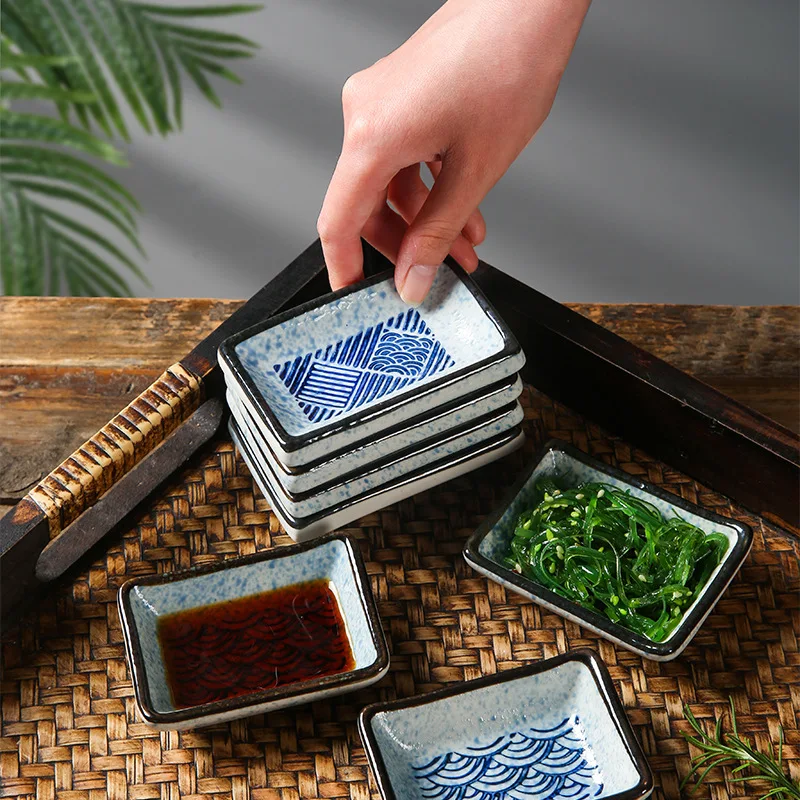 Japanese wave seasoning dish Commercial ceramic tableware household dipping dish Rectangular dish hot pot dipping sauce wasabi