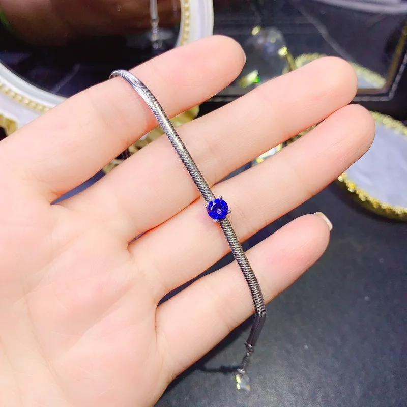 925 Sterling Silver Set Pure Natural Sapphire 5mm Bracelet Exquisite Fashion Women's Jewelry Exquisite Luxury Wedding Jewelry