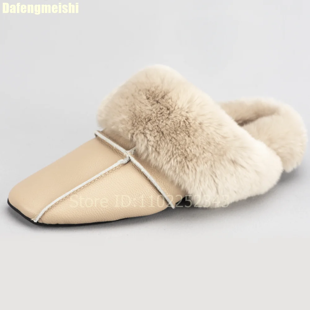 

Зимние плюшевые тапочки 2026 из натуральной кожи и кроличьего меха, домашние хлопковые туфли, теплые повседневные модные слипоны-мюли для женщин