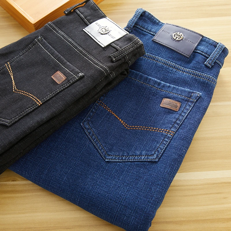 

Классические джинсы классического цвета с эластичной талией, утепленные флисом, осенне-зимние, мужские, модные, теплые, длинные брюки