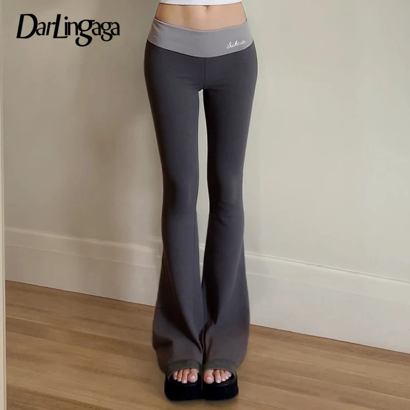 

Darlingaga Casual Contrast Color Low Rise Pants Women Letter Embroidery Slimming Full Length Boot Cut Tousers Patchwork Bottoms