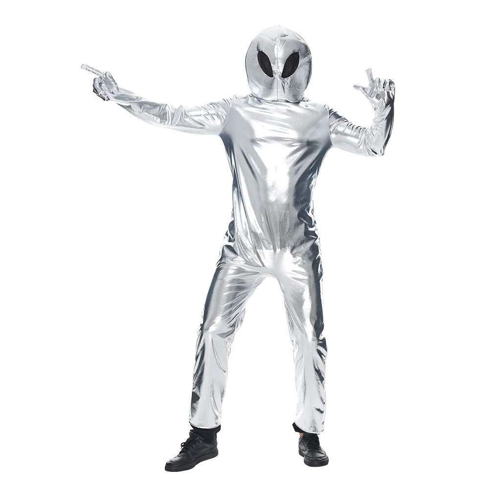 Adult Alien Costume Unisex Halloween Extraterrestrial Space Metallic Bodysuit with Hat Carnival Easter Purim Fancy Dress