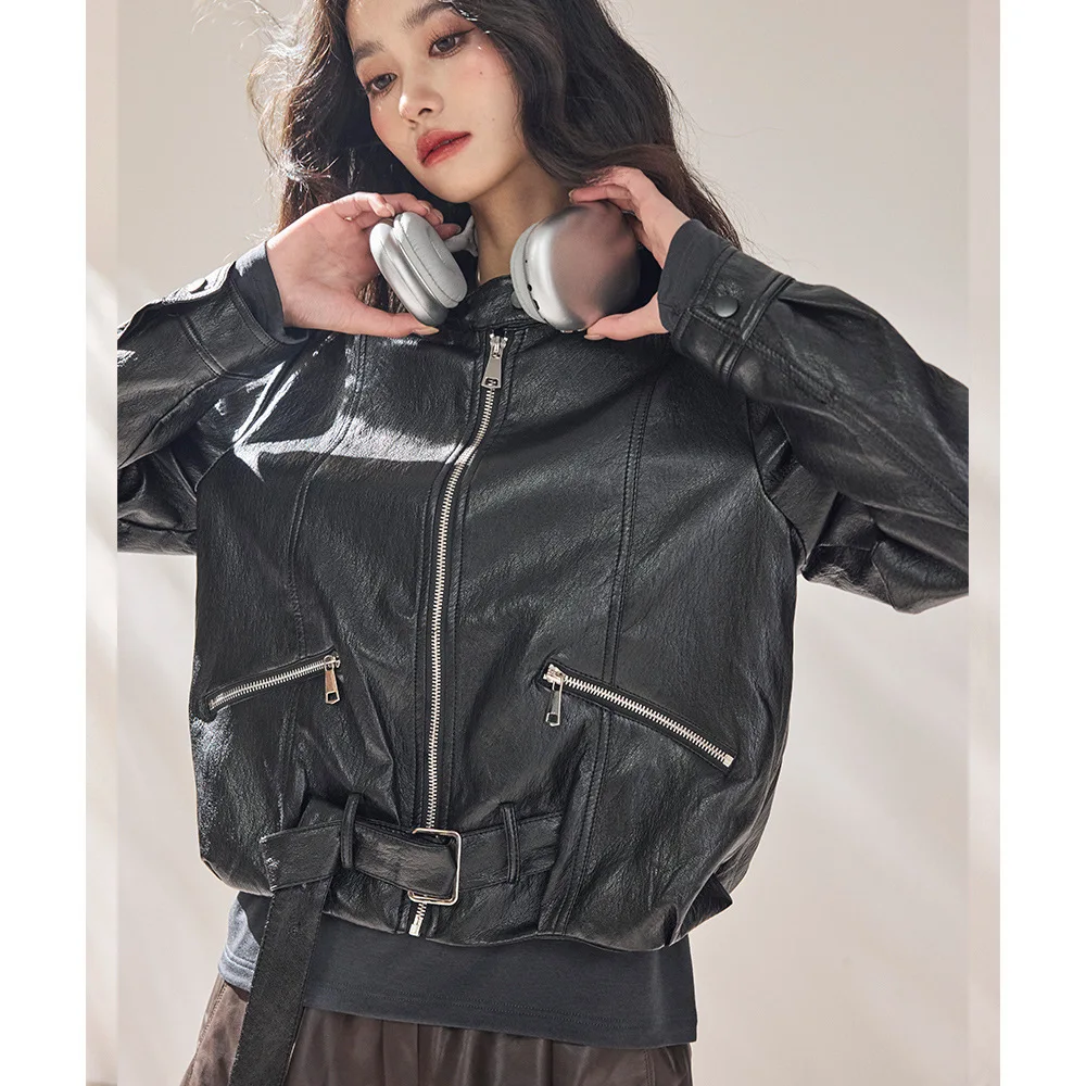 

Casual Biker Jacket Women's Short PU Leather Coat Spring 2026 Black Stand Collar Thickened Regular Length Non-Brand O2O Sale