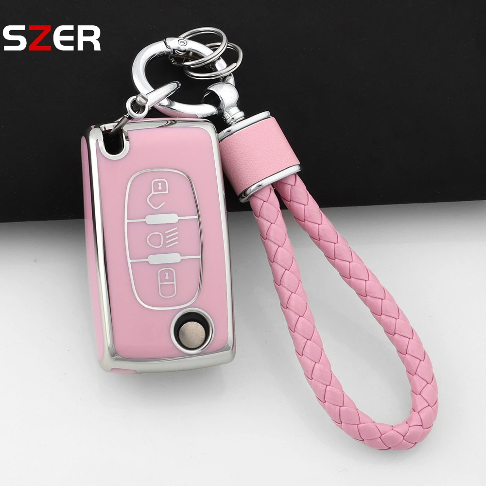 New Pink TPU Car Key Case Cover Keychain Fob Shell for Citroen C2 C3 C4 C5 C6 Xsara Berlingo for Peugeot 207 307 308 407 607 807
