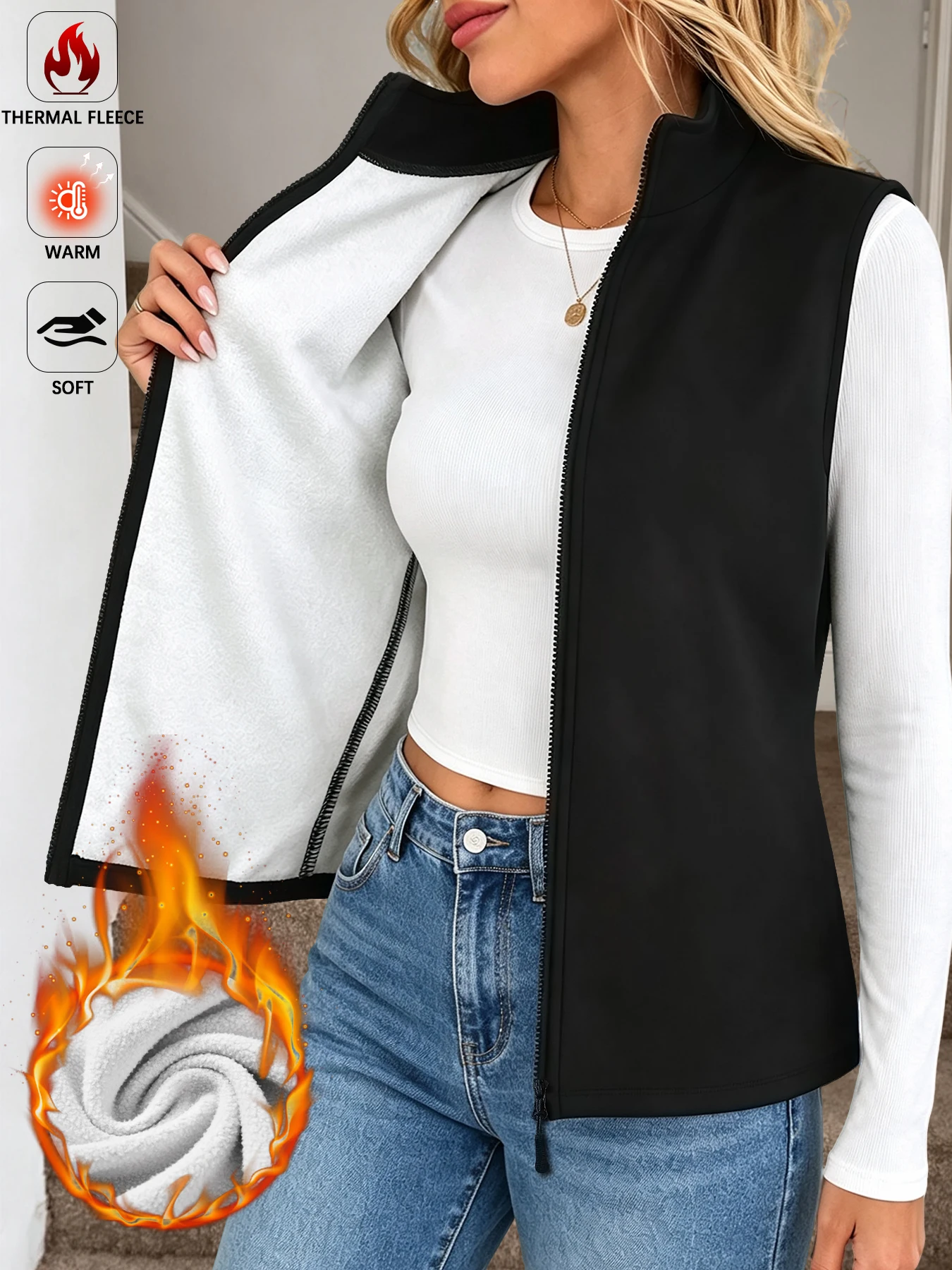 Fleece Vest for Women Thick Soft Stand Collar Zip Up Jacket Casual Vests for Daily Wear in Winter
