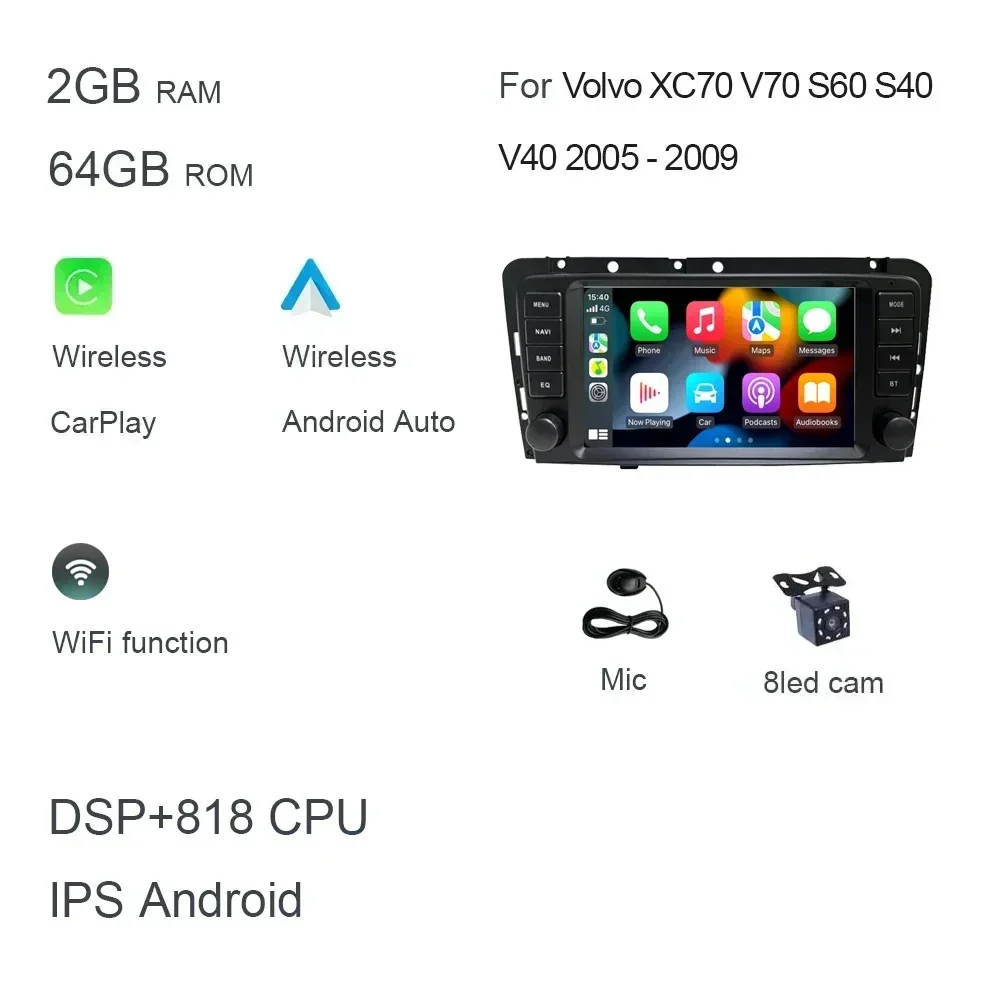CHSTEK 8 inch Carplay Android 14.0 8GB+128GB 8-core GPS autoradio Android speler Wifi multimedia voor Volvo XC70 V70 S60 S40 V40 2005 - 2009
