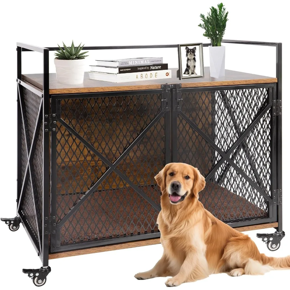 

Dog Crate Furniture with Cushion, 41"L Wooden Dog Crate End Table with Double Doors, Chew-Resistant Dog Kennel Indoor, Heavy Dut