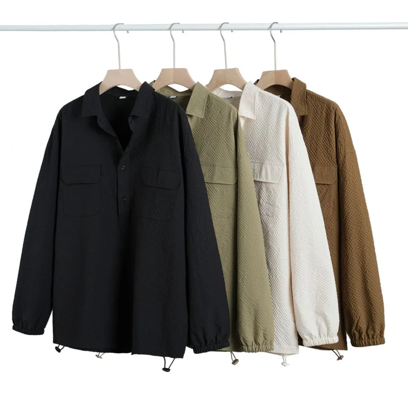 

Seersucker Shirt Men Loose Casual Streetwear Fashion Long Sleeve Outdoor Techwear Track Pullover Cargo Shirts Cityboy Blouses