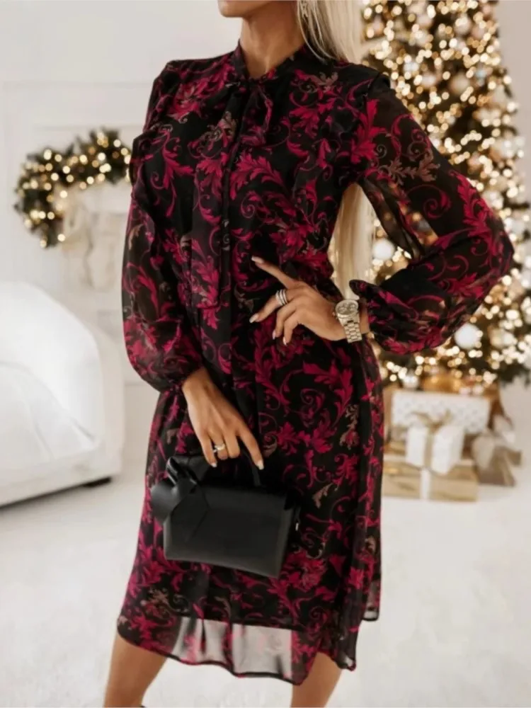 

Spring Autumn Long Sleeve Fashion Floral Print Dress For Women 2025 New Elegant Office Lady Midi Dresses Robe Femme