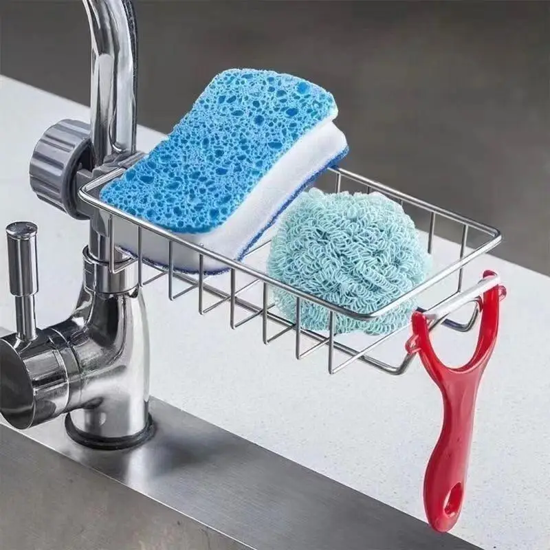Stainless Steel Rustproof Kitchen Sink Drain Rack Sponge Faucet Holder Compact Size for Small Kitchen Storage