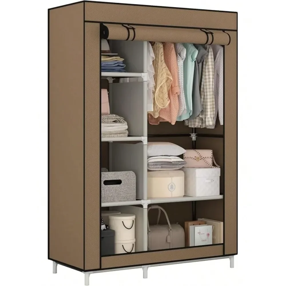 

Portable Closet Organizers, Clothing Storage, Wardrobe With 6 Shelves And Hanging Rod, NonWoven Fabric Cover With 4 Side Pocket