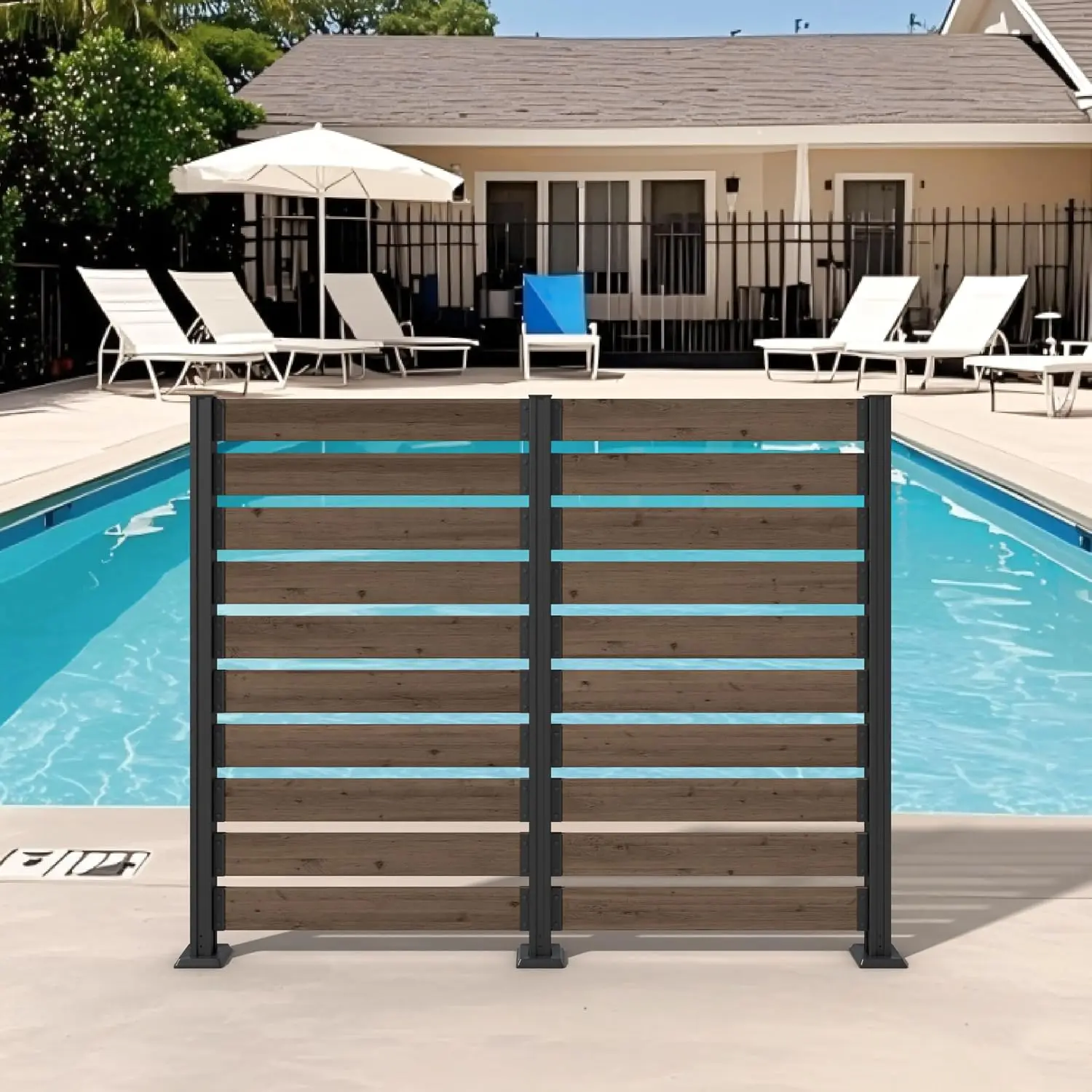 5FT× 6.5FT No-Dig Wood Privacy Screen, Outdoor Screen Panel for Hard Surfaces & Soil, 2 Way to Use, Aluminum Post, Decorative