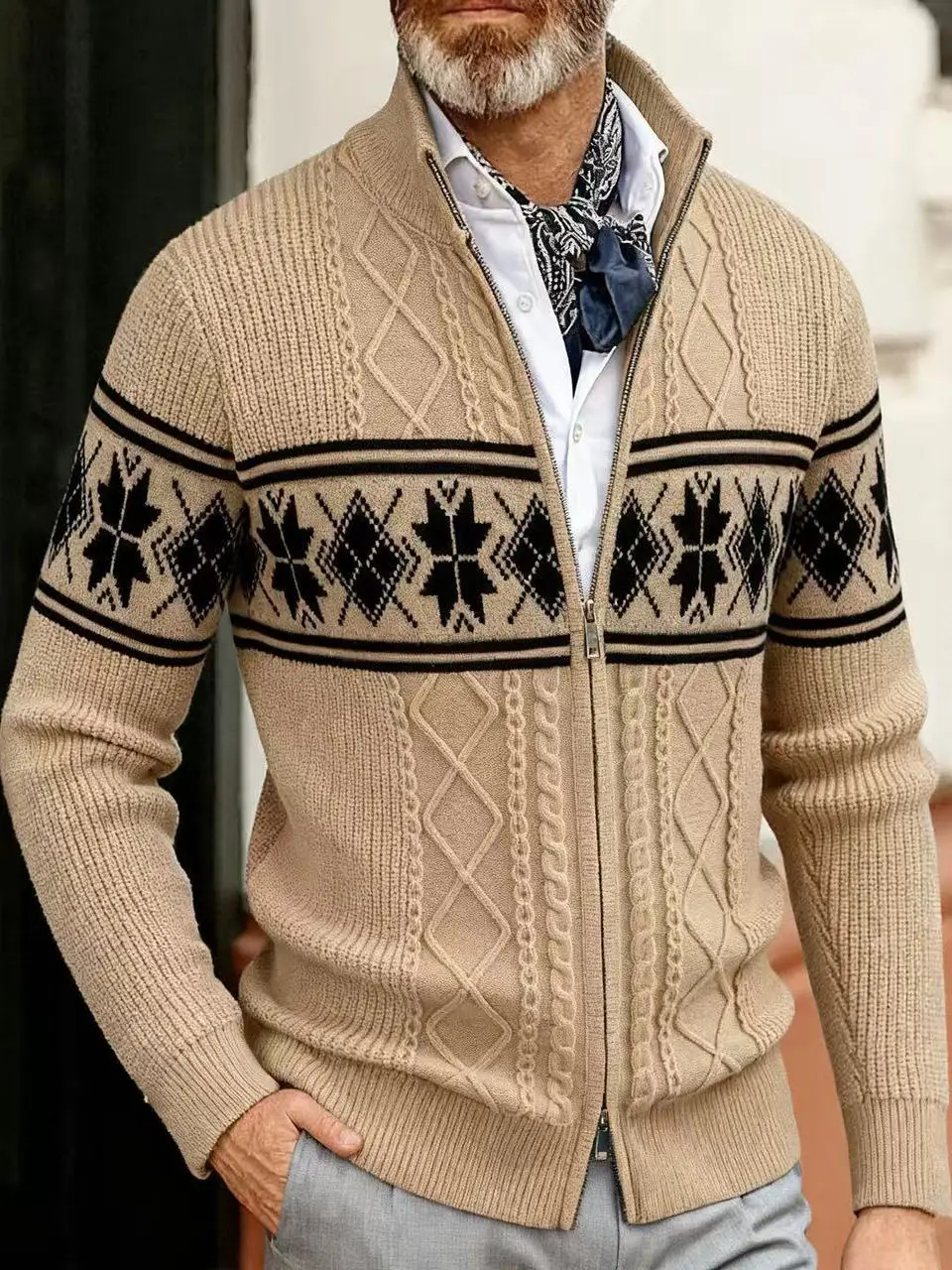 

Men's Zipper Collar Knitwear Casual High Ne Sweater Autumn Winter Polyester Fiber Long Sve Diamond Patterned Leisurewear