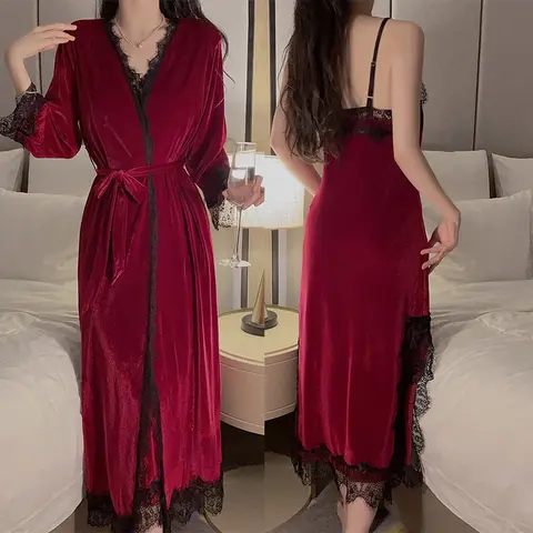 여성용 따뜻한 벨벳 홈웨어 긴 기모노 로브 캐미 잠옷, 버건디 목욕 가운 세트, 섹시한 잠옷, 겨울 로브, 세트 라운지웨어 Best5 여성용 따뜻한 벨벳 홈웨어 긴 기모노 로브 캐미 잠옷, 버건디 목욕 가운 세트, 섹시한 잠옷, 겨울 로브, 세트 라운지웨어 Best5