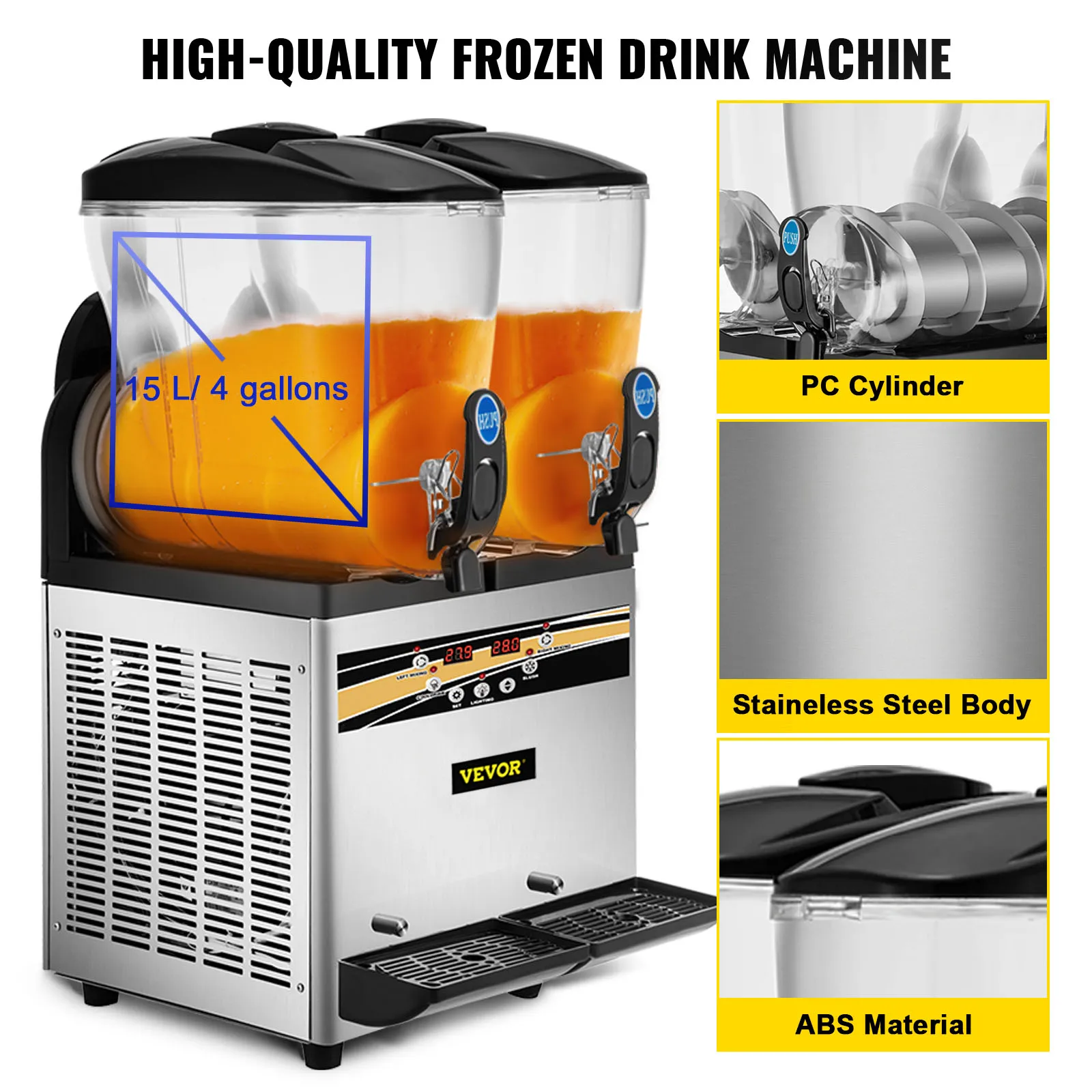 Succebuy 1000W Commercial Slushy Machine 15Lx2 Tank Margarita Maker Stainless Steel Smoothie Frozen Drink Maker for Supermarkets