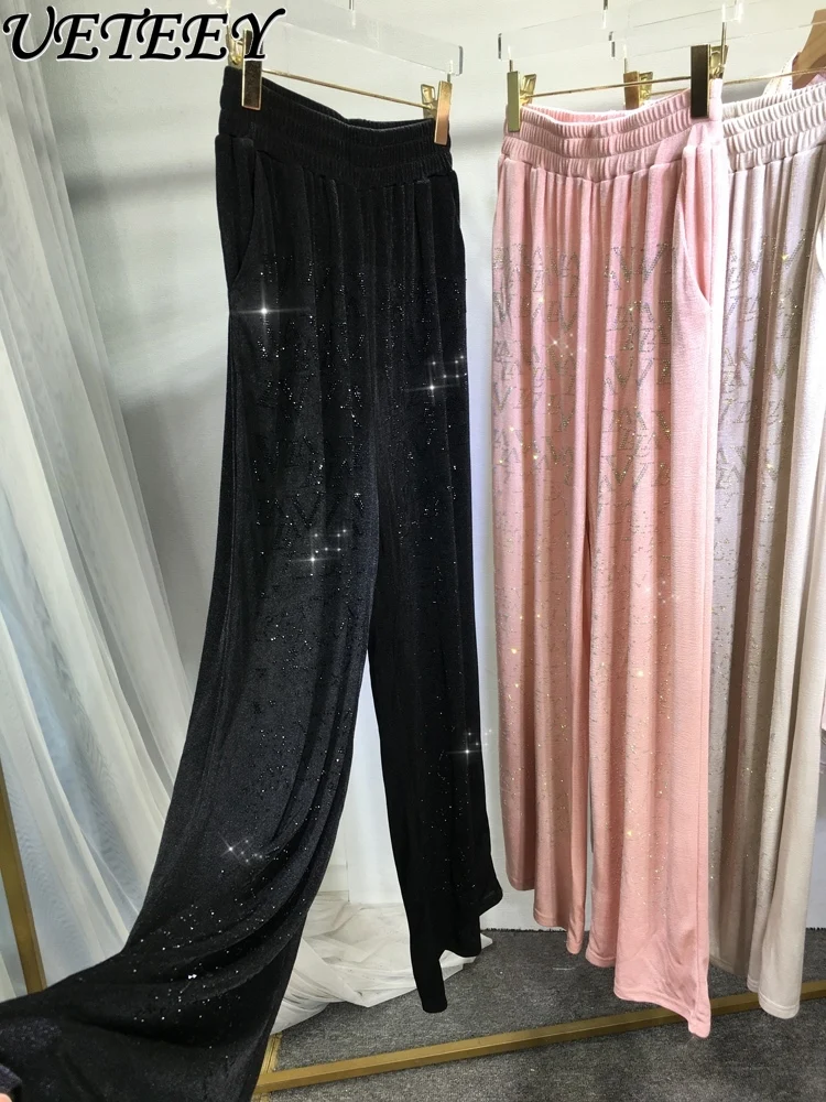 

Heavy Embroidery Hot Drilling Wide-Leg Pants Women's Draping Cool Ice Silk Straight Pant Loose-Fitting Slimming Trousers