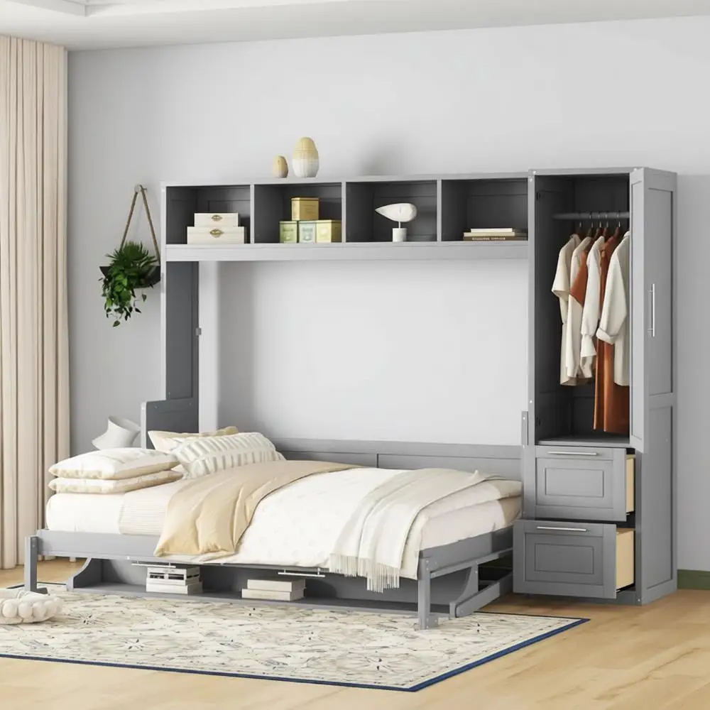 

Серая горизонтальная кровать размера «queen-size» с шкафом, ящиками и складным каркасом: компактная настенная кровать для детей и взрослых