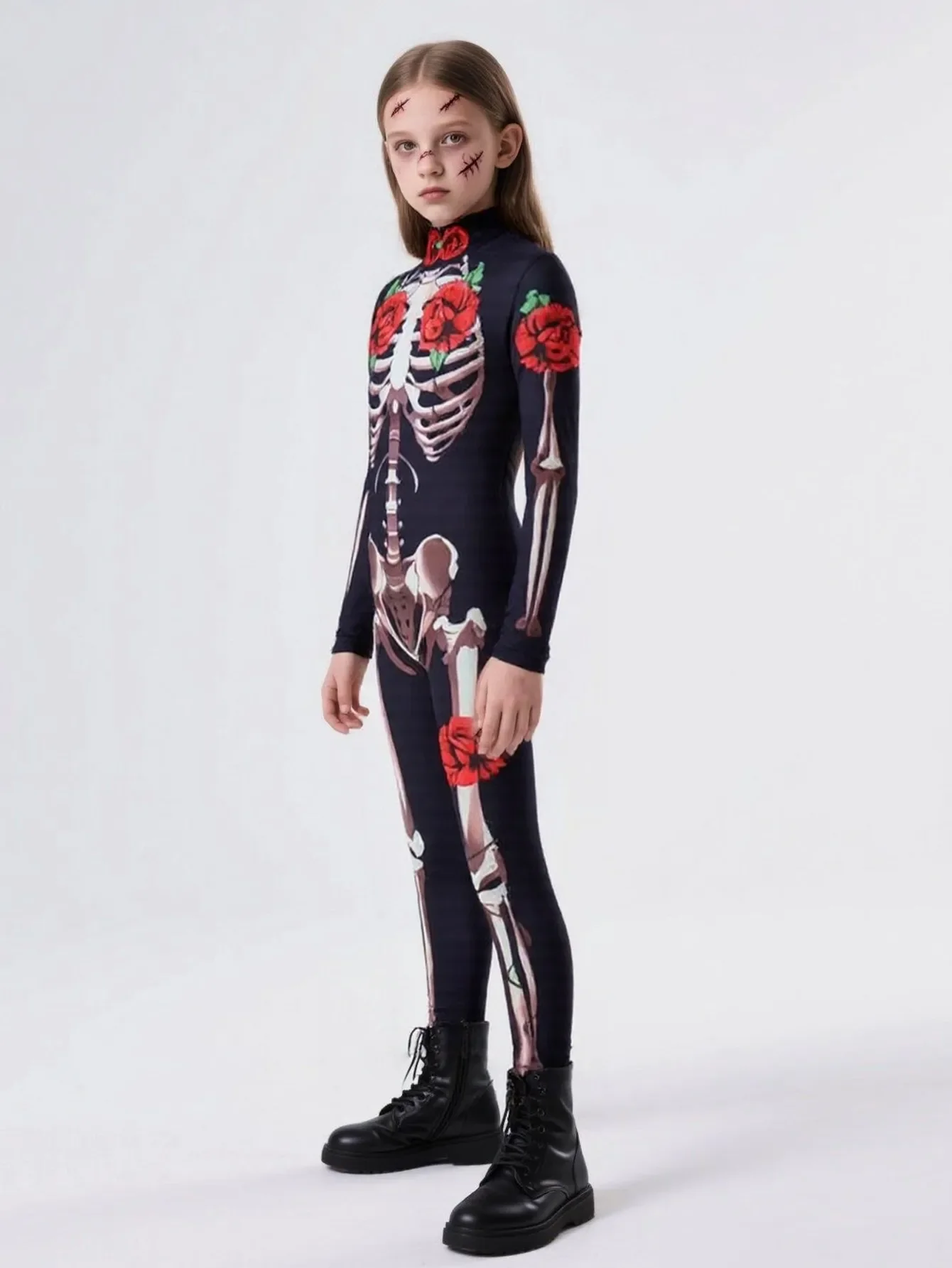 2026 Mädchen Jungen Gothic Geisterbraut Cosplay-Set Skelett-Rosen-Print Bodysuit für Kinder Halloween Karneval Kostüm-Party – Detail 4