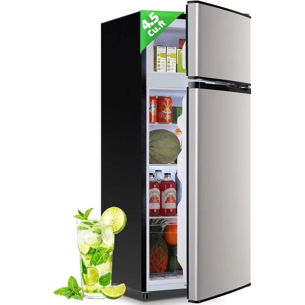 Two-Door Refrigerator with Freezer, Removable Glass Shelves, Crisper Drawer, Extra Drink Space, LED Lighting, Stainless Steel or