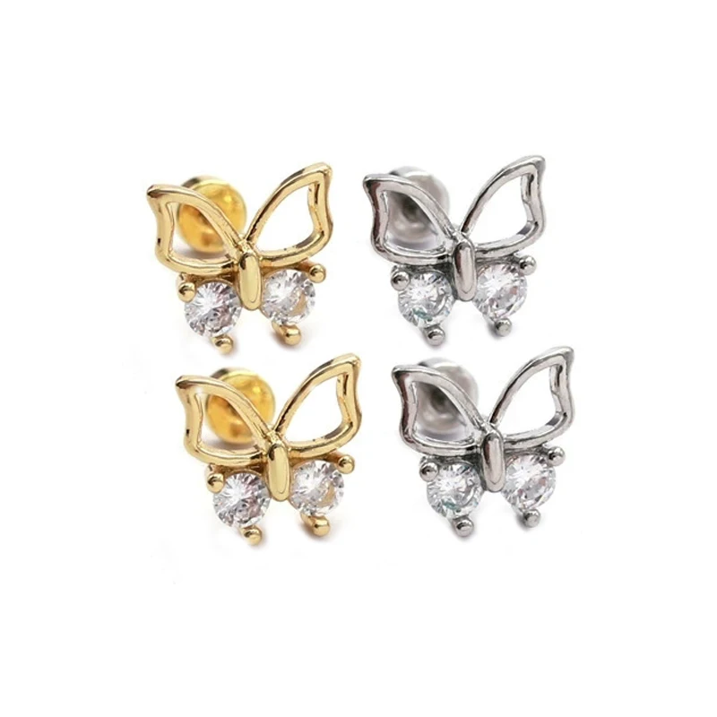 

Cute Copper Round Zircon Hollow Buttefly Stud Earring Gold Color Steel Helix Bar Ear Cartilage Piercing Cuff Jewelry Wholesale