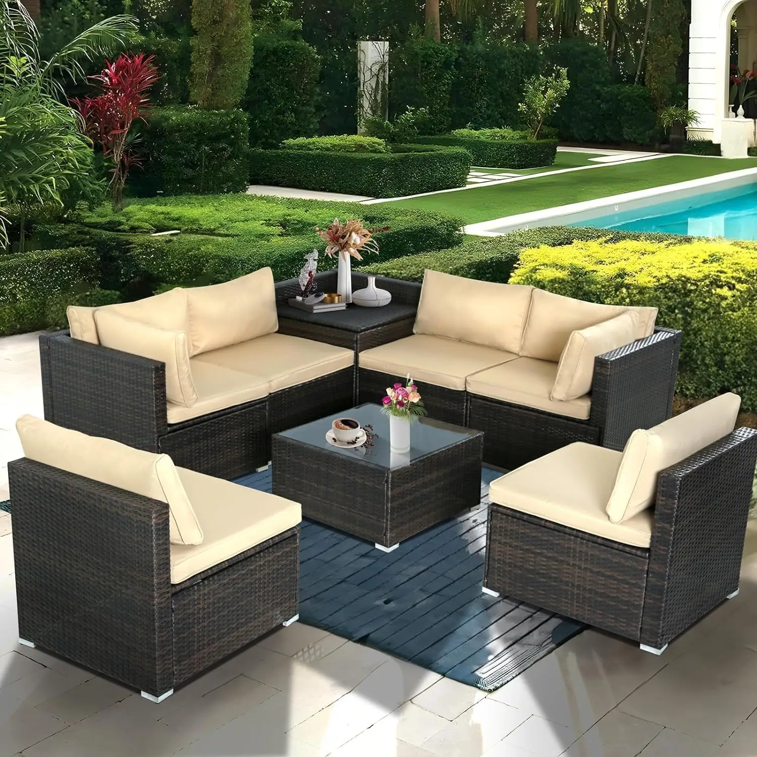 

Wicker Outdoor Conversation Set,Rattan Sectional Sofa Set w/Storage Box & Glass Coffee Table （8 PCS w/Storage Box）