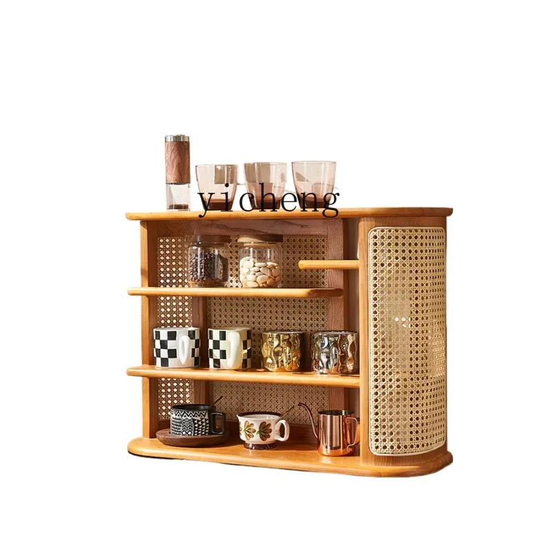 

ZC Solid Wood Vintage Rattan Rack Desktop Storage Rack Tea Table Display Stand