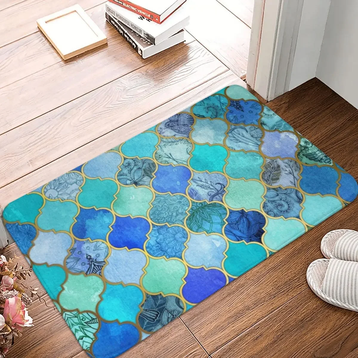 

Cobalt Blue Aqua Gold Decorative Moroccan Tile Doormat Rug Carpet Mat Footpad Polyester Anti-slip Durable Front Room Corridor