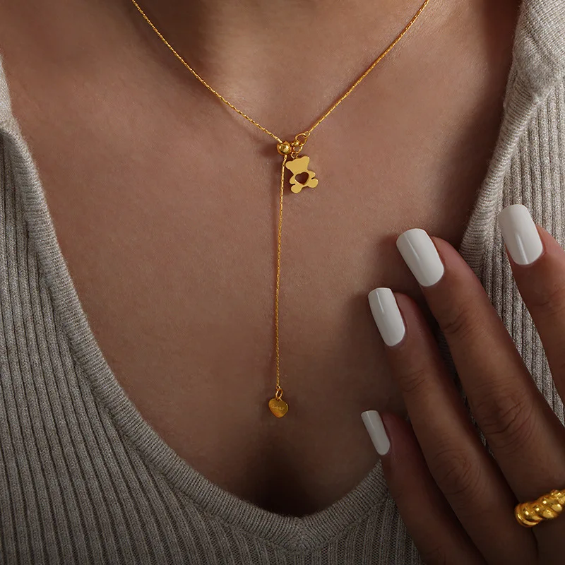 Fashion Boutique Stainless Steel Waterproof Heart Openwork Bear INS Minimalist  Necklace Delicate Girl Creative Adjustable