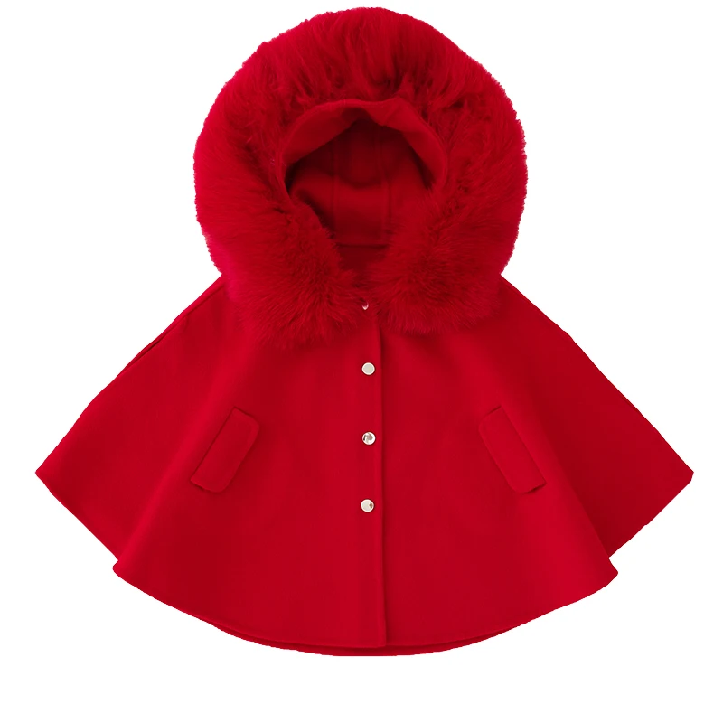 Winter 2022 New Girls Woolen Coat Woolen Cape Fox Fur Collar Kids Jacks for Girls Baby Girl Winter Cloths Girls Coat