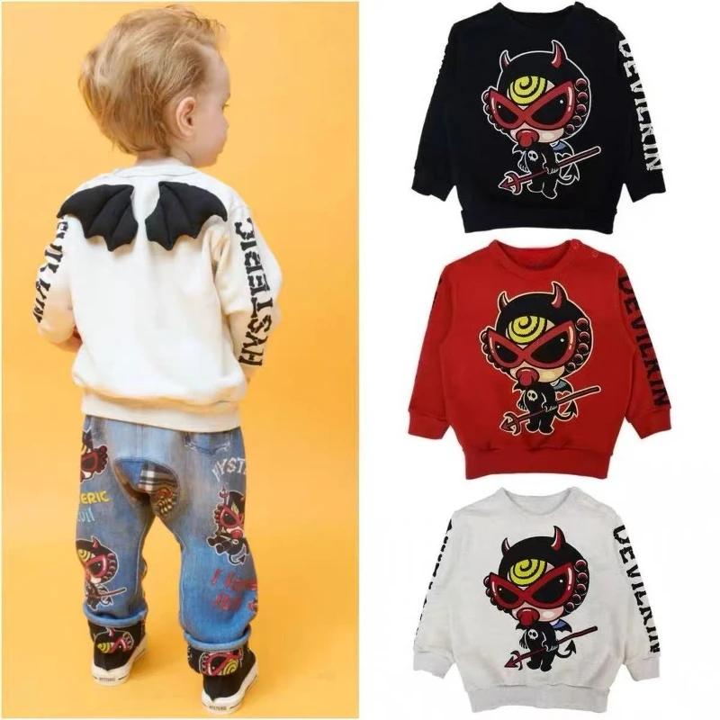 

Детский свитшот25, осенне-зимний пуловер из чистого хлопка с узором «крылья дьявола», шерстяной топ с петлями для мальчиков и девочек, детский джемпер