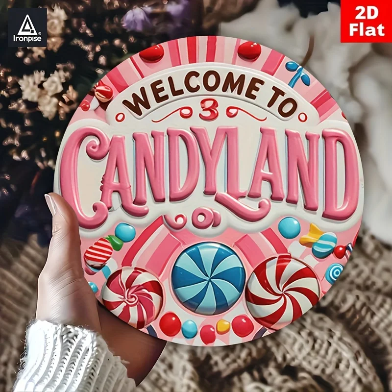 2D Flat, 7.87-Inch Vintage Candyland Welcome Sign - Retro Candy-Themed Metal Wall Decor with Candy Motifs - Durable Aluminum Ind