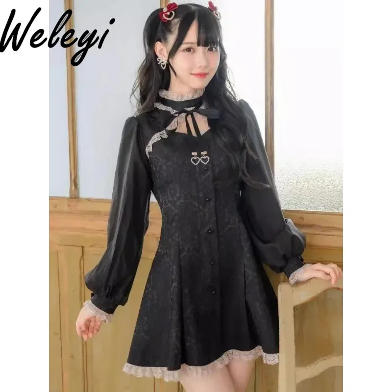 Jirai Kei Lolita Dresses Ropa De Mujer Autumn Streetwear Fashion New Stand Up Collar Through Yarn Sleeves Waist Dark Sexy Dress